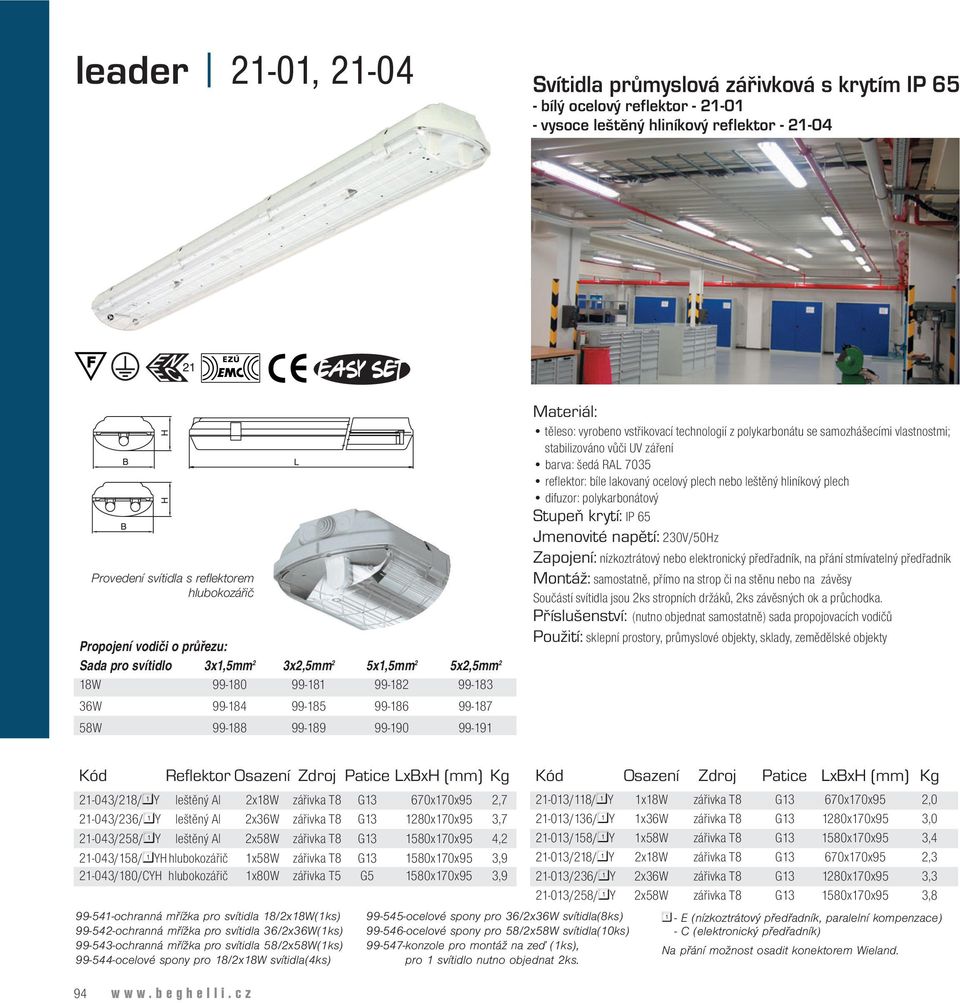 vstřikovací technologií z polykarbonátu se samozhášecími vlastnostmi; stabilizováno vůči UV záření barva: šedá RAL 7035 reflektor: bíle lakovaný ocelový plech nebo leštěný hliníkový plech difuzor: