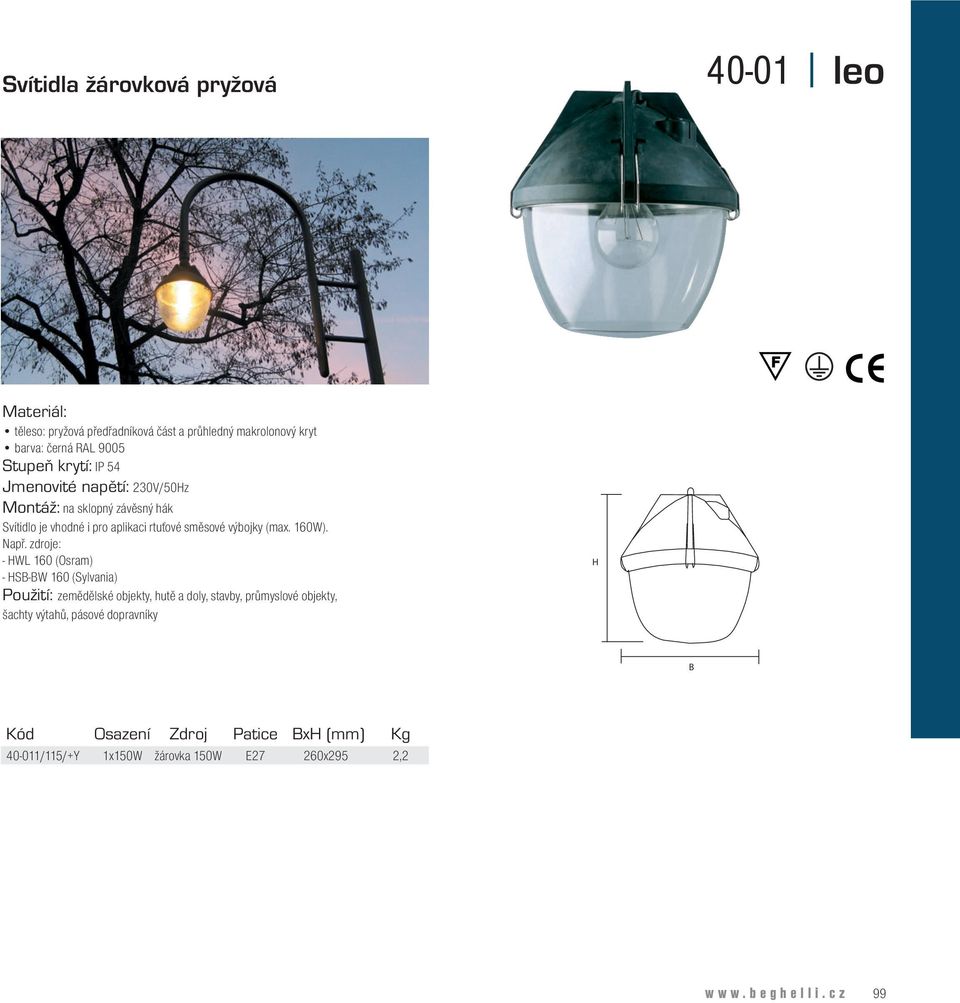 zdroje: - HWL 160 (Osram) - HSB-BW 160 (Sylvania) Použití: zemědělské objekty, hutě a doly, stavby, průmyslové objekty, šachty