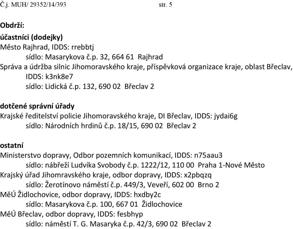 p. 18/15, 690 02 Břeclav 2 ostatní Ministerstvo dopravy, Odbor pozemních komunikací, IDDS: n75aau3 sídlo: nábřeží Ludvíka Svobody č.p. 1222/12, 110 00 Praha 1-Nové Město Krajský úřad Jihomravského kraje, odbor dopravy, IDDS: x2pbqzq sídlo: Žerotínovo náměstí č.