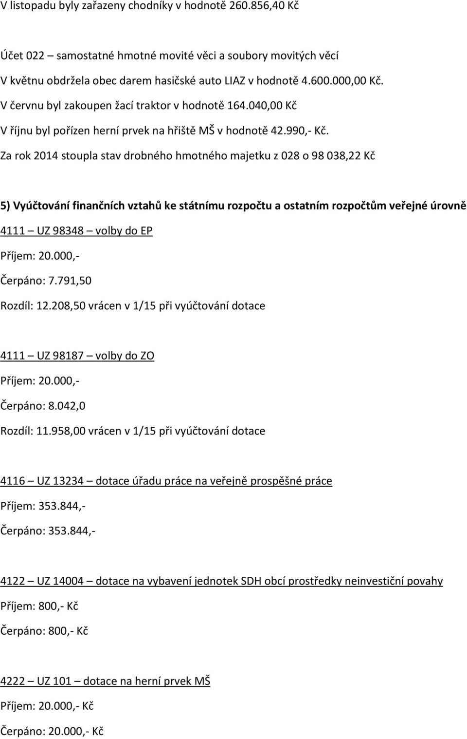 Za rok 2014 stoupla stav drobného hmotného majetku z 028 o 98 038,22 Kč 5) Vyúčtování finančních vztahů ke státnímu rozpočtu a ostatním rozpočtům veřejné úrovně 4111 UZ 98348 volby do EP Příjem: 20.