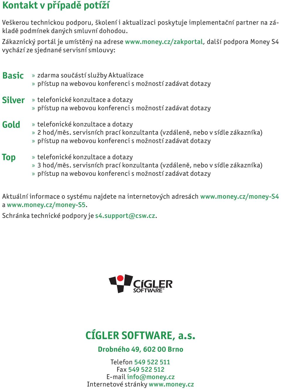cz/zakportal, další podpora Money S4 vychází ze sjednané servisní smlouvy: Basic Silver Gold Top» zdarma součástí služby Aktualizace» přístup na webovou konferenci s možností zadávat dotazy»