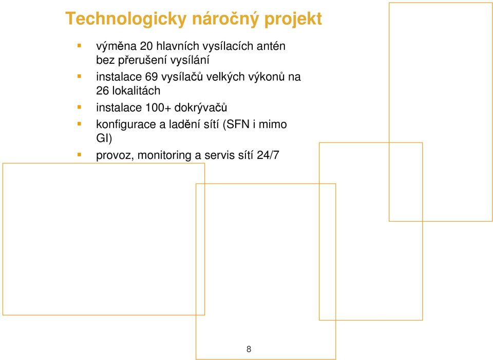 výkonů na 26 lokalitách instalace 100+ dokrývačů konfigurace a