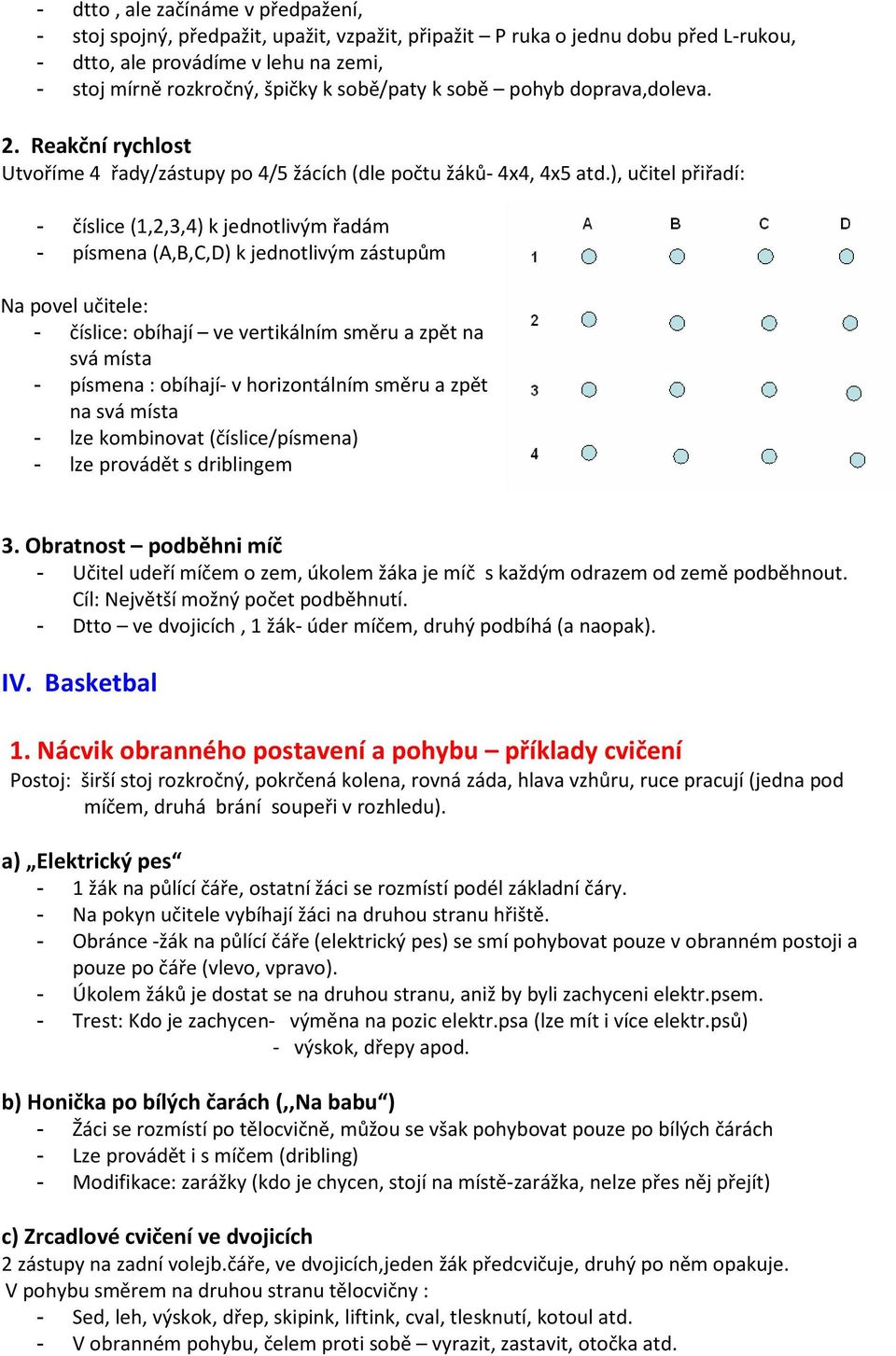 ), učitel přiřadí: - číslice (1,2,3,4) k jednotlivým řadám - písmena (A,B,C,D) k jednotlivým zástupům Na povel učitele: - číslice: obíhají ve vertikálním směru a zpět na svá místa - písmena :