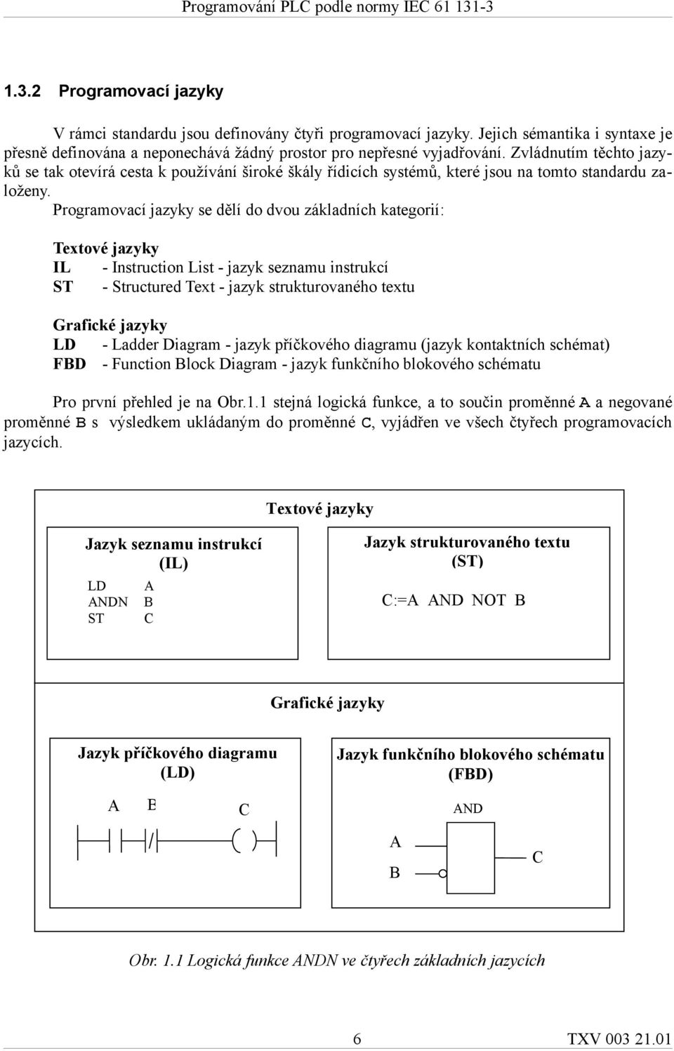 Programovací jazyky se dělí do dvou základních kategorií: Textové jazyky IL - Instruction List - jazyk seznamu instrukcí ST - Structured Text - jazyk strukturovaného textu Grafické jazyky LD - Ladder