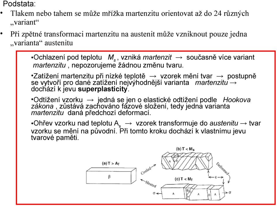 Zatížení martenzitu při nízké teplotě vzorek mění tvar postupně se vytvoří pro dané zatížení nejvýhodnější varianta martenzitu dochází k jevu superplasticity.
