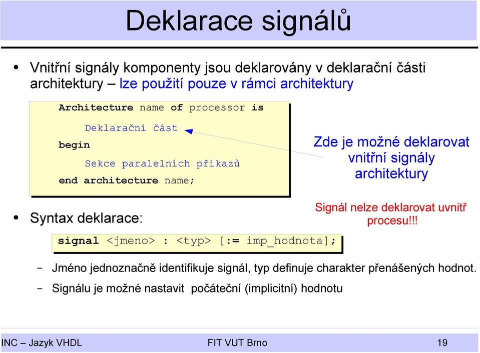 architektury Syntax deklarace: signal <jmeno> : <typ> [:= imp_hodnota]; Signál nelze deklarovat uvnitř procesu!