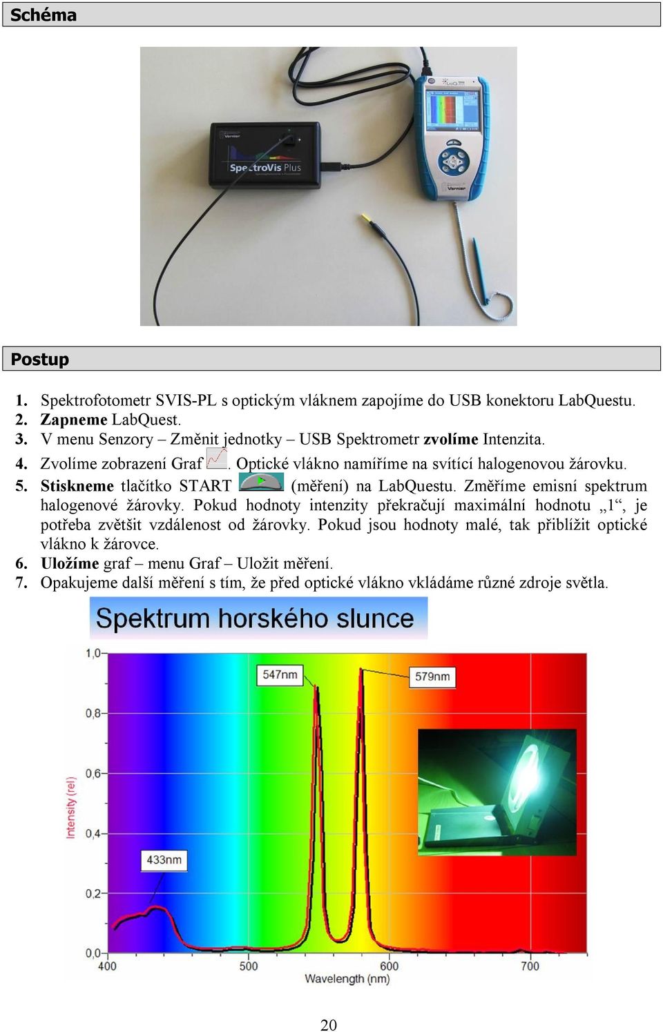 Stiskneme tlačítko START (měření) na LabQuestu. Změříme emisní spektrum halogenové žárovky.