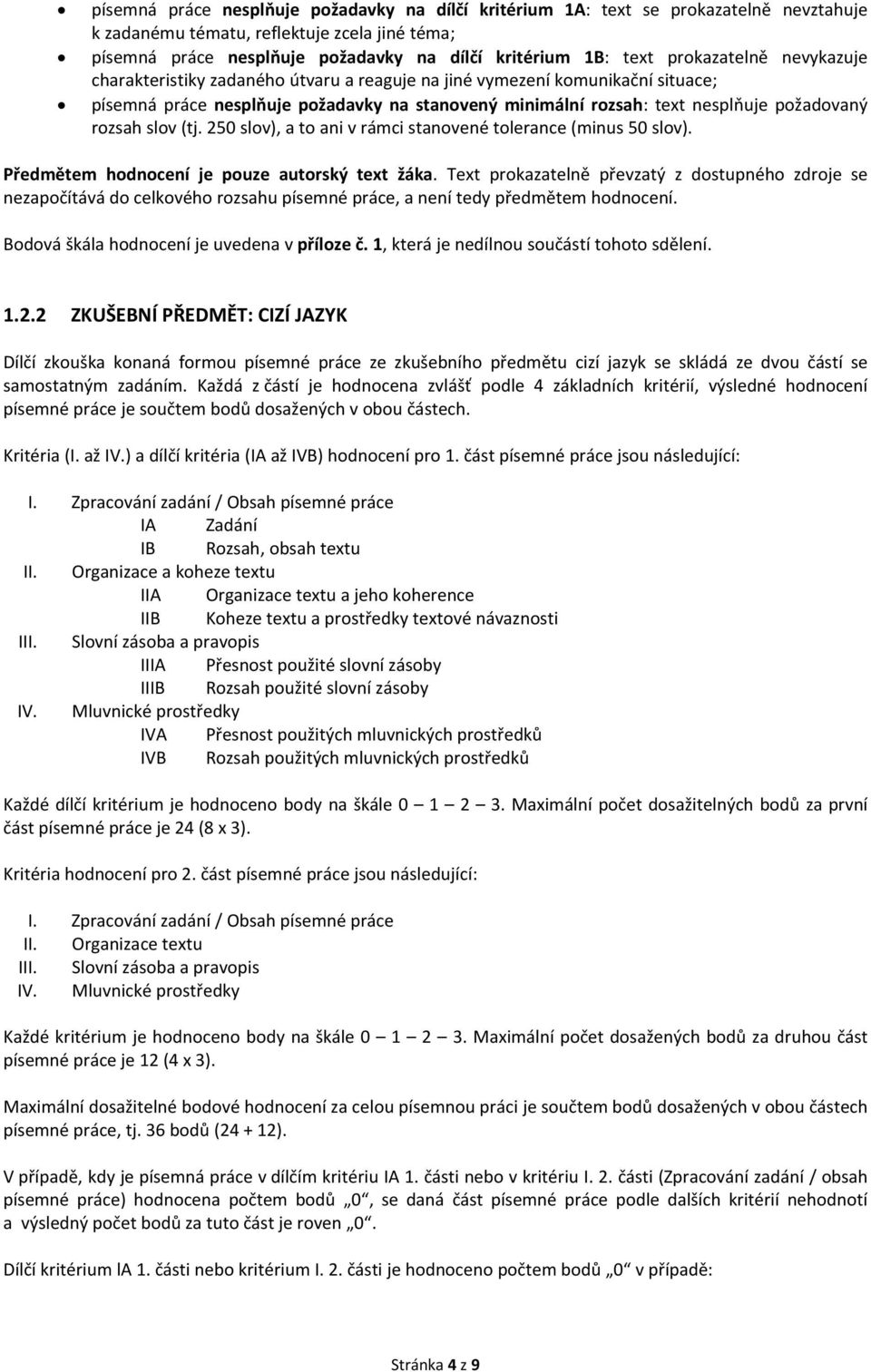 rozsah slov (tj. 250 slov), a to ani v rámci stanovené tolerance (minus 50 slov). Předmětem hodnocení je pouze autorský text žáka.