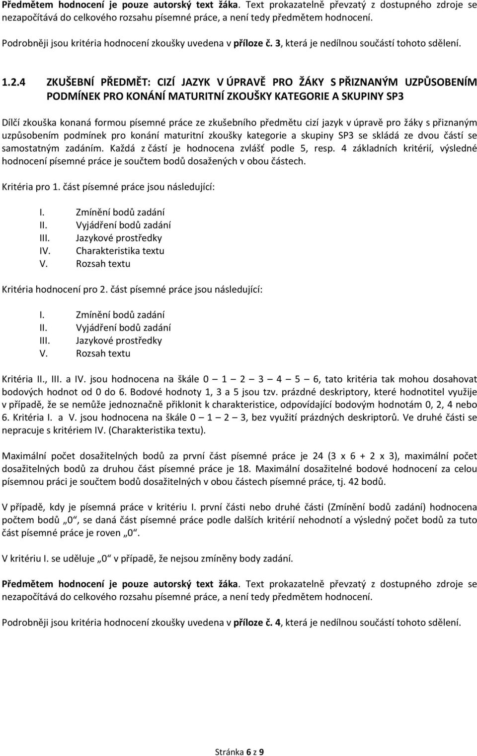 4 ZKUŠEBNÍ PŘEDMĚT: CIZÍ JAZYK V ÚPRAVĚ PRO ŽÁKY S PŘIZNANÝM UZPŮSOBENÍM PODMÍNEK PRO KONÁNÍ MATURITNÍ ZKOUŠKY KATEGORIE A SKUPINY SP3 Dílčí zkouška konaná formou písemné práce ze zkušebního předmětu