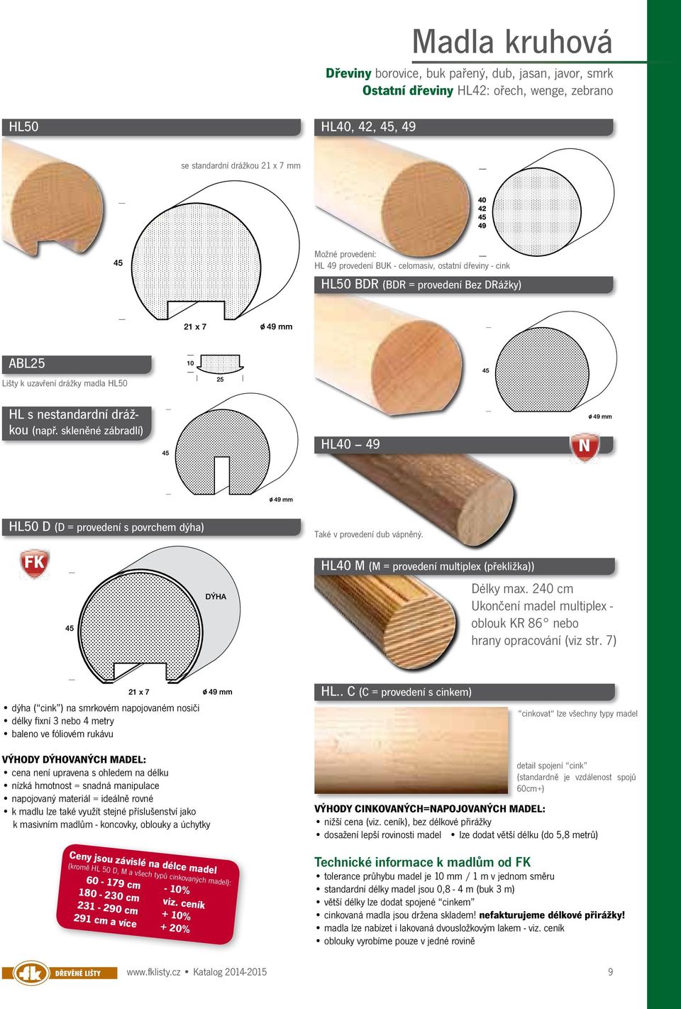 skleněné zábradlí) HL40 49 N HL50 D (D = provedení s povrchem dýha) FK Také v provedení dub vápněný. HL40 M (M = provedení multiplex (překližka)) Délky max.