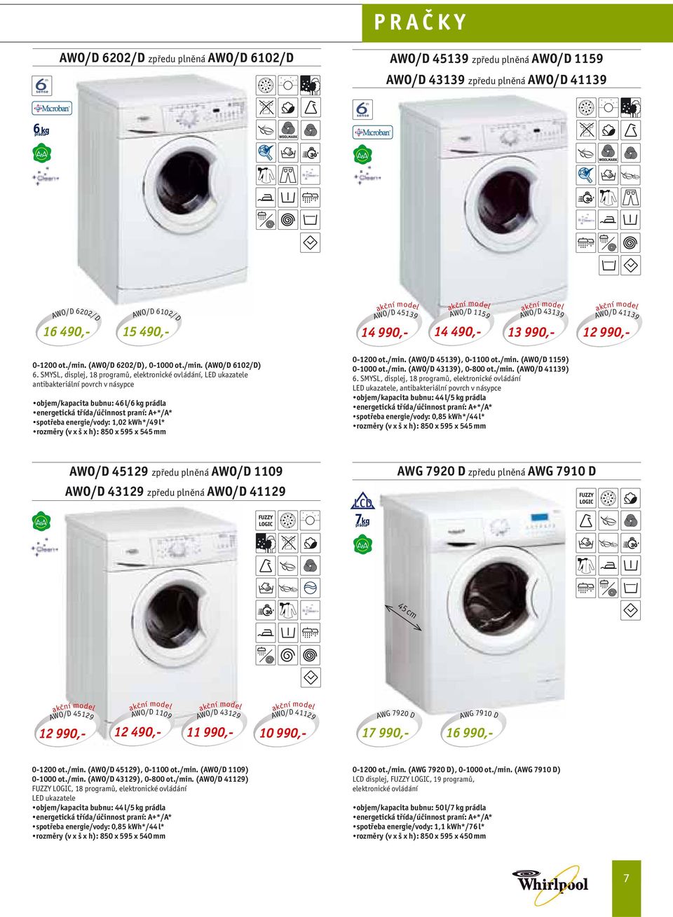 SMYSL, displej, 18 programů, elektronické ovládání, LED ukazatele antibakteriální povrch v násypce objem/kapacita bubnu: 46 l/6 kg prádla energetická třída/účinnost praní: A+*/A* spotřeba