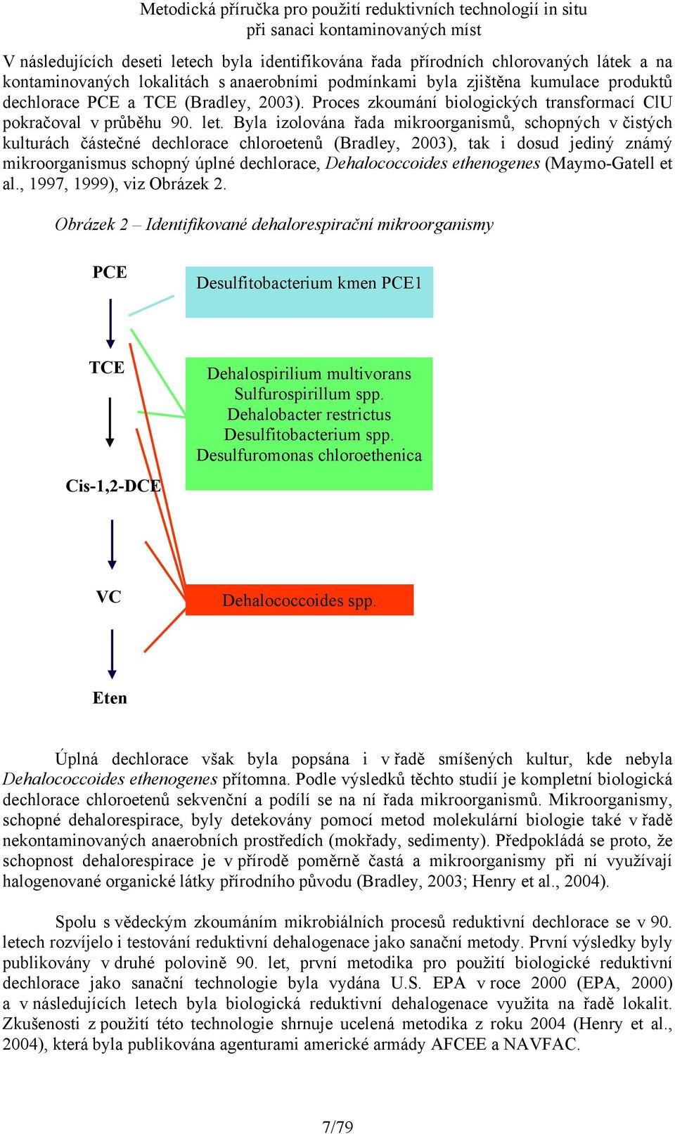 Byla izolována řada mikroorganismů, schopných v čistých kulturách částečné dechlorace chloroetenů (Bradley, 2003), tak i dosud jediný známý mikroorganismus schopný úplné dechlorace, Dehalococcoides
