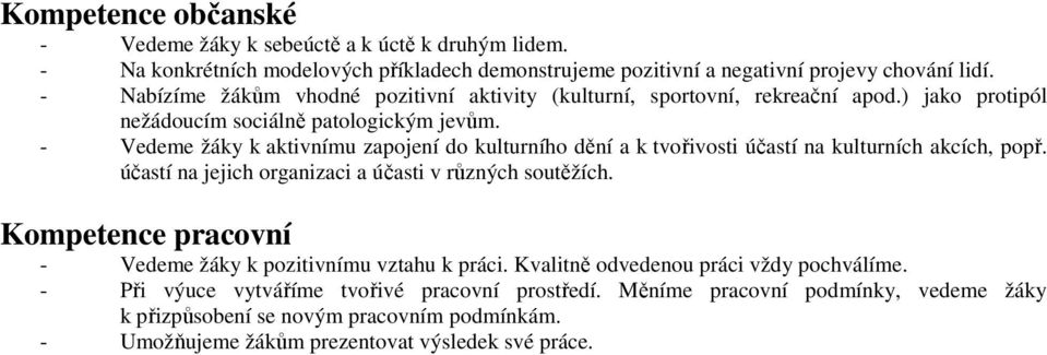 - Vedeme žáky k aktivnímu zapojení do kulturního dění a k tvořivosti účastí na kulturních akcích, popř. účastí na jejich organizaci a účasti v různých soutěžích.