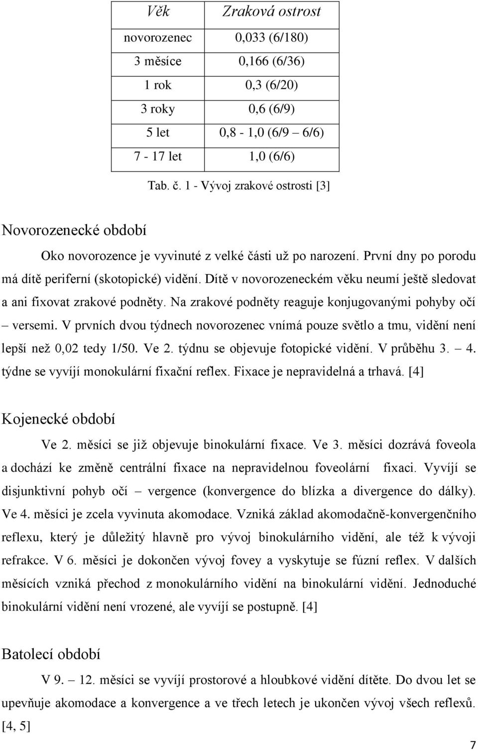 Dítě v novorozeneckém věku neumí ještě sledovat a ani fixovat zrakové podněty. Na zrakové podněty reaguje konjugovanými pohyby očí versemi.