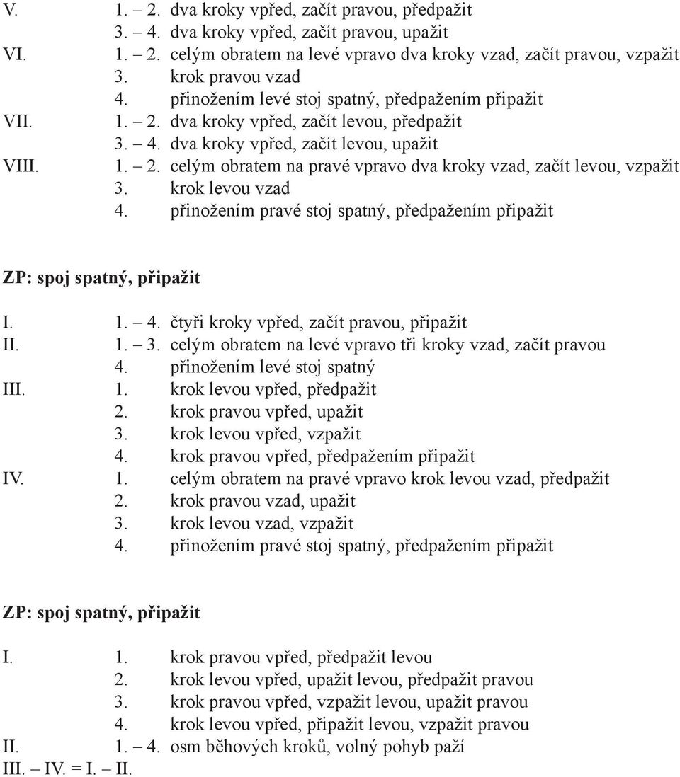 krok levou vzad 4. přinožením pravé stoj spatný, předpažením připažit ZP: spoj spatný, připažit I. 1. 4. čtyři kroky vpřed, začít pravou, připažit II. 1. 3.