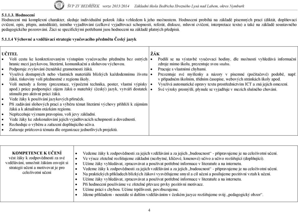 interpretace textu) a také na základě soustavného pedagogického pozorování. Ţáci se specifickými potřebami jsou hodnoceni na základě platných předpisů. 5.1.