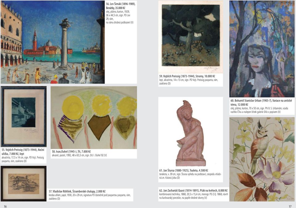 PN B. S. Urbanrám, vzadu razítko Čfvu a nalepen štítek galerie Dílo s popisem (V) 55. Vojtěch Preissig (1873-1944), Noční ulička, 7.000 Kč, lept akvatinta, 17,5 x 14 cm, sign. PD Vojt.