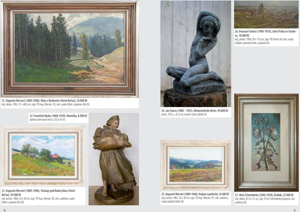 František Úprka (1868-1929), Mamička, 8.000 Kč pálená patinovaná hlína,v. 52,5 cm (V) 24. Jan,Štursa (1880-1925), Melancholické děvče, 49.000 Kč bronz, 1915, v.