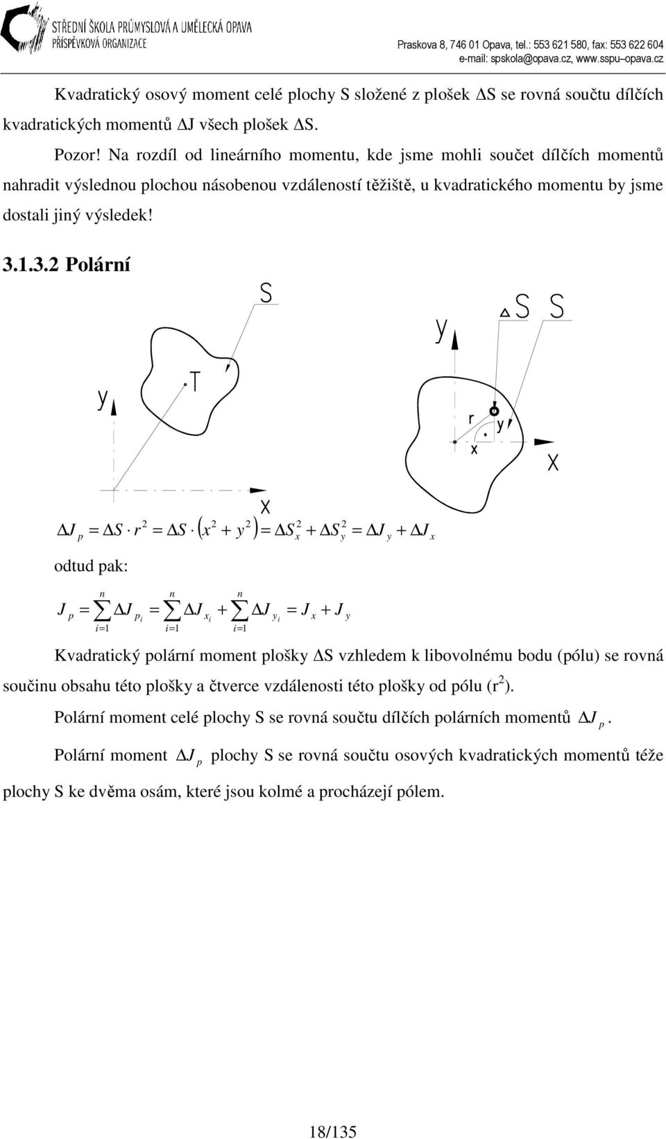 ... Polární p S r odtud pak: p S ( + y ) S + S y y + n n n p y i + i i + i i i y Kvadratický polární moment plošky S vzhledem k libovolnému bodu (pólu) e rovná oučinu obahu této plošky a čtverce