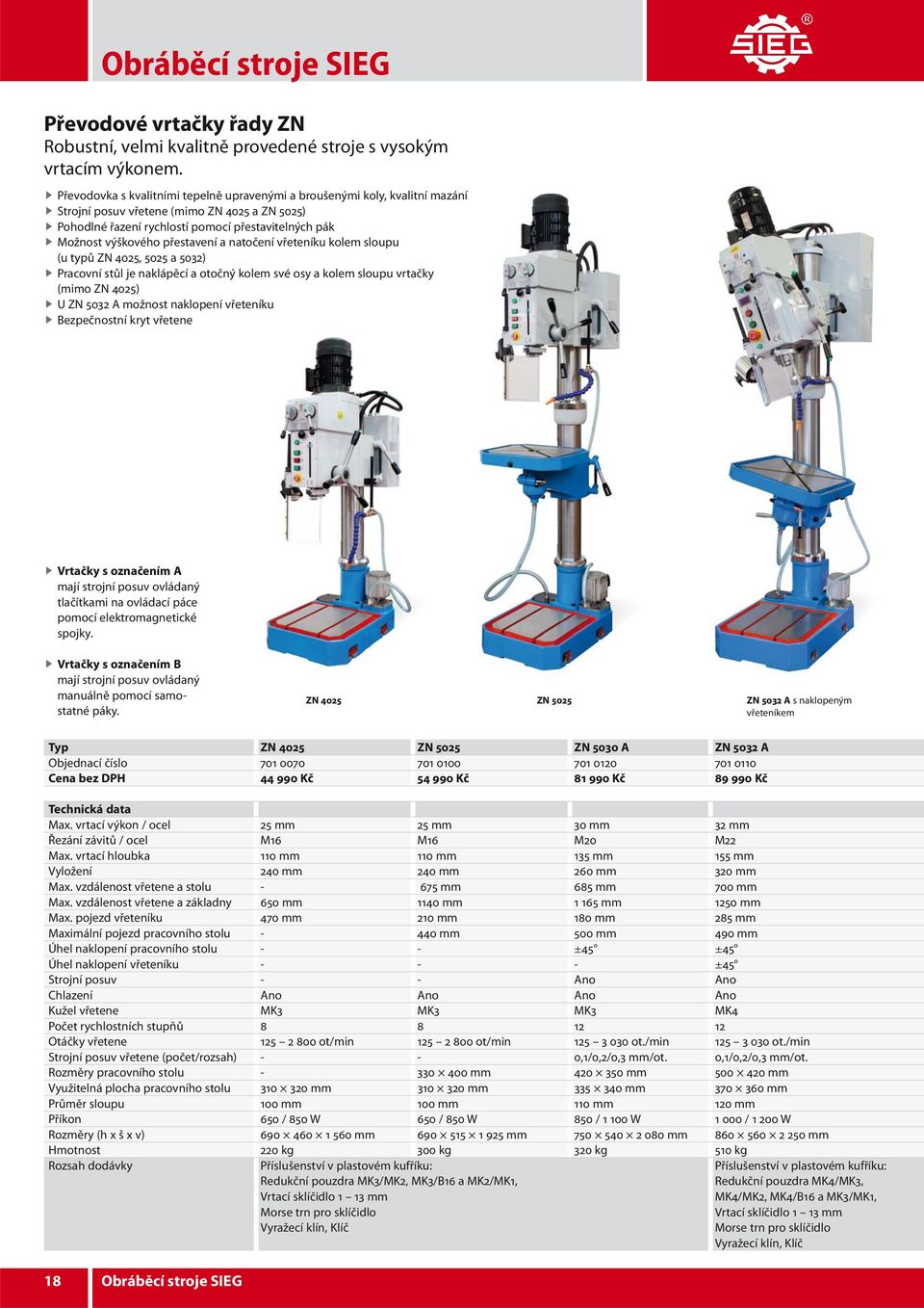 přestavení a natočení vřeteníku kolem sloupu (u typů ZN 4025, 5025 a 5032) Pracovní stůl je naklápěcí a otočný kolem své osy a kolem sloupu vrtačky (mimo ZN 4025) U ZN 5032 A možnost naklopení