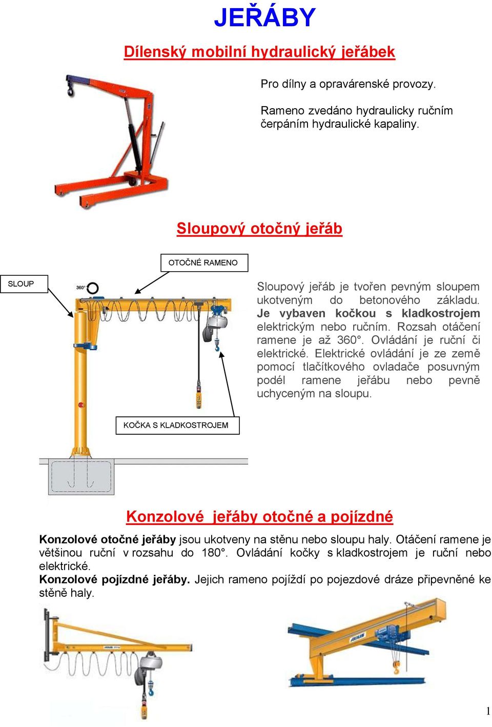 JEŘÁBY. Dílenský mobilní hydraulický jeřábek. Sloupový otočný jeřáb.  Konzolové jeřáby otočné a pojízdné - PDF Free Download