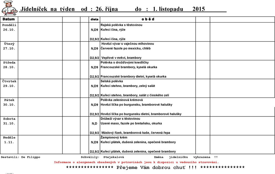 N,D9 Červené fazole po mexicku, chléb D2,9/2 Vepřové v mrkvi, brambory Středa Polévka s drožďovými knedlíčky 28.10.