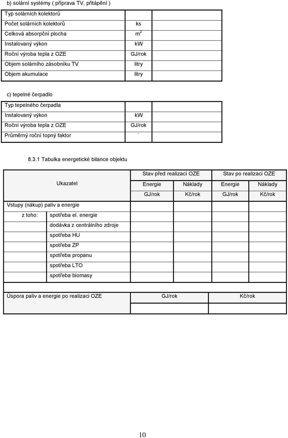 3.1 Tabulka energetické bilance objektu Ukazatel Stav před realizací OZE Stav po realizaci OZE Energie Náklady Energie Náklady GJ/rok Kč/rok GJ/rok Kč/rok Vstupy (nákup) paliv a