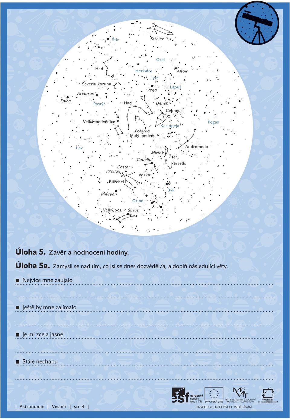 Orion Býk Velký pes Sírius Úloha 5. Závěr a hodnocení hodiny. Úloha 5a.