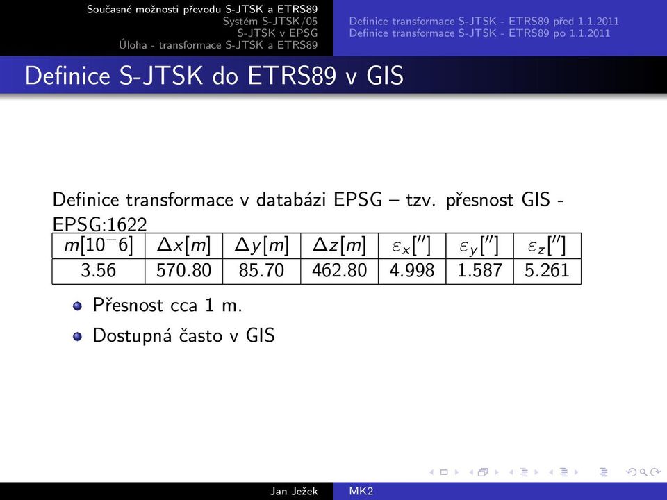 přesnost GIS - EPSG:1622 m[10 6] x[m] y[m] z[m] ε x [ ] ε y [ ] ε z [ ] 3.56 570.