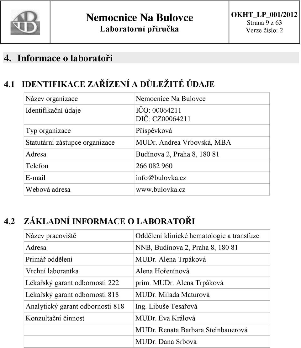 Andrea Vrbovská, MBA Adresa Budínova 2, Praha 8, 180 81 Telefon 266 082 960 E-mail Webová adresa info@bulovka.cz www.bulovka.cz 4.