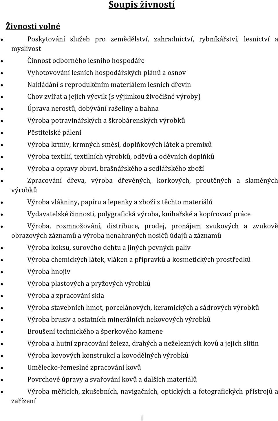 výrobků Pěstitelské pálení Výroba krmiv, krmných směsí, doplňkových látek a premixů Výroba textilií, textilních výrobků, oděvů a oděvních doplňků Výroba a opravy obuvi, brašnářského a sedlářského