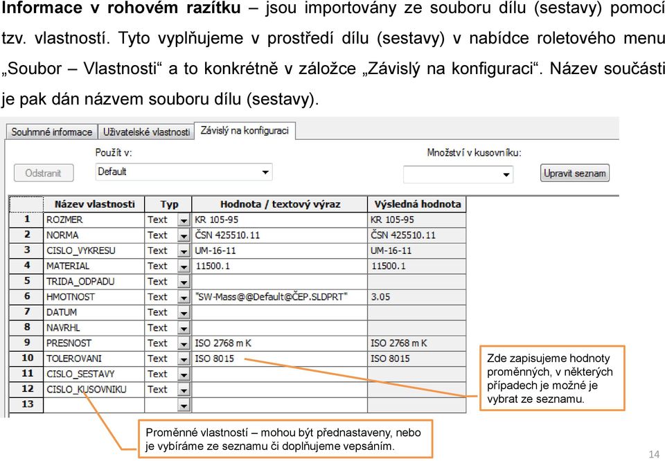 Závislý na konfiguraci. Název součásti je pak dán názvem souboru dílu (sestavy).