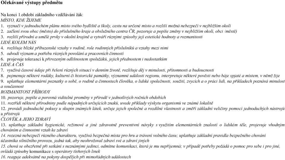 začlení svou obec (město) do příslušného kraje a obslužného centra ČR, pozoruje a popíše změny v nejbližším okolí, obci /městě) 3.