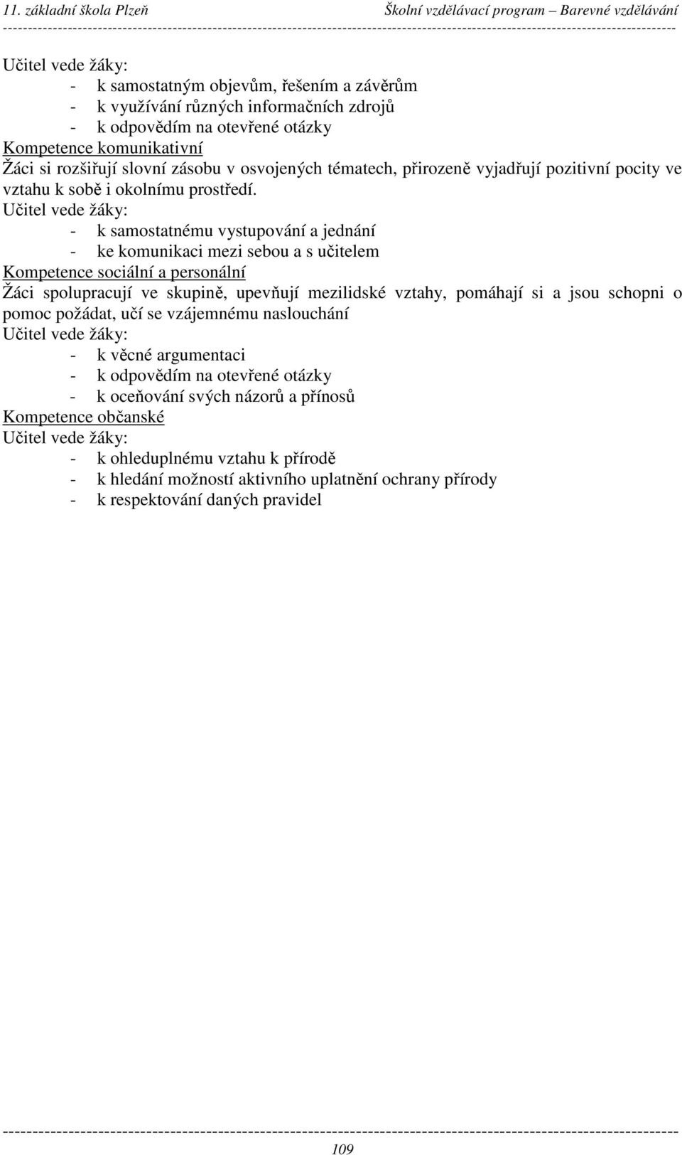 - k samostatnému vystupování a jednání - ke komunikaci mezi sebou a s učitelem Kompetence sociální a personální Žáci spolupracují ve skupině, upevňují mezilidské vztahy, pomáhají si a jsou