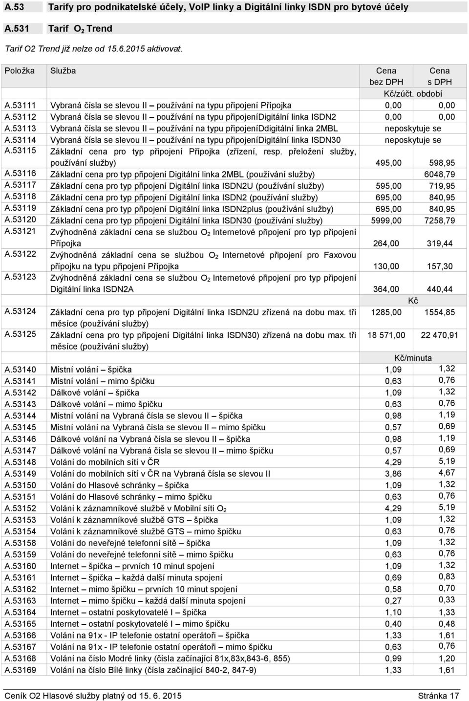 53112 Vybraná čísla se slevou II používání na typu připojenídigitální linka ISDN2 0,00 0,00 A.53113 Vybraná čísla se slevou II používání na typu připojeníddigitální linka 2MBL neposkytuje se A.