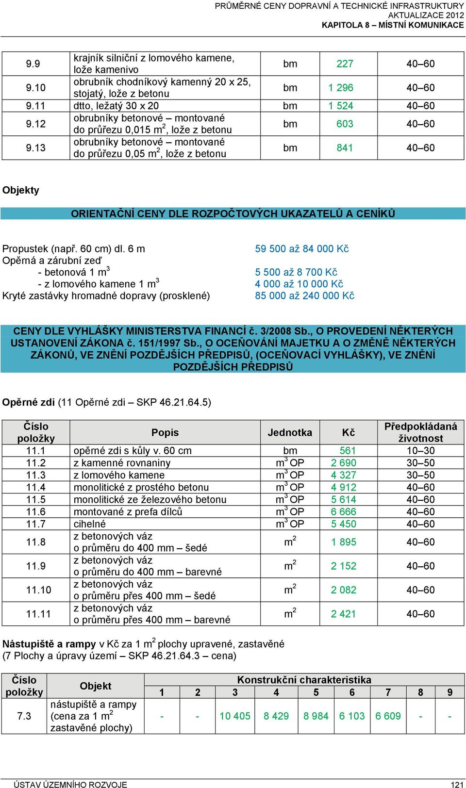 13 obrubníky betonové montované do průřezu 0,05 m 2, lože z betonu bm 841 40 60 Objekty ORIENTAČNÍ CENY DLE ROZPOČTOVÝCH UKAZATELŮ A CENÍKŮ Propustek (např. 60 cm) dl.