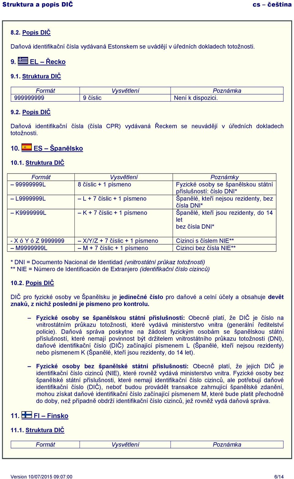 kteří nejsou rezidenty, bez čísla DNI* K9999999L K + 7 číslic + 1 písmeno Španělé, kteří jsou rezidenty, do 14 let bez čísla DNI* - X ó Y ó Z 9999999 X/Y/Z + 7 číslic + 1 písmeno Cizinci s číslem