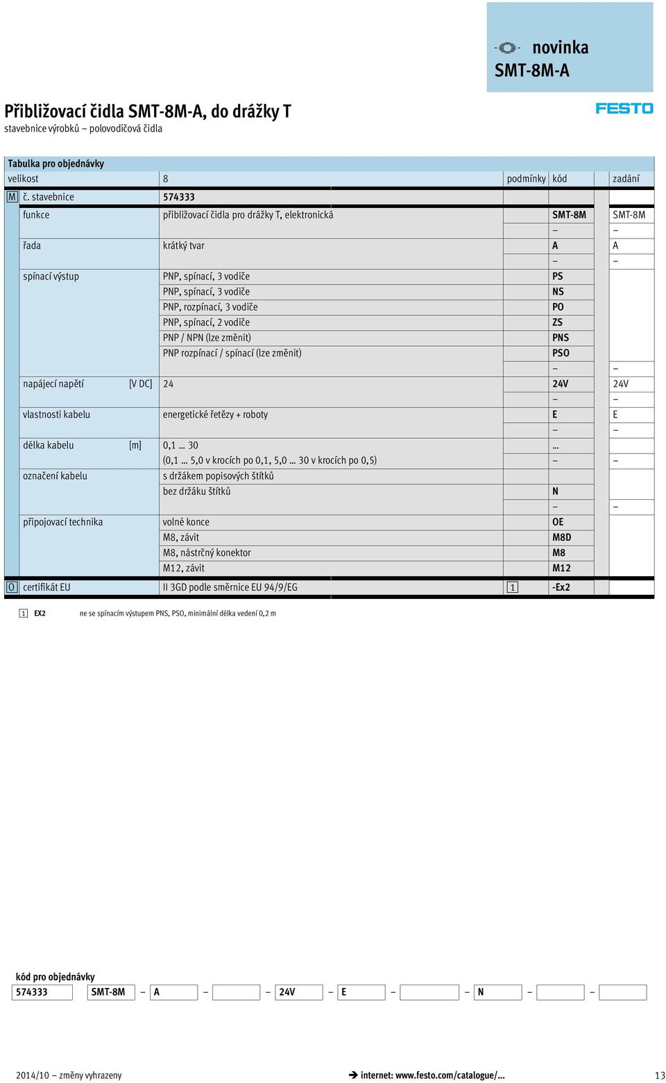 PO PNP, spínací, 2 vodiče ZS PNP / NPN (lze změnit) PNS PNP rozpínací / spínací (lze změnit) PSO napájecí napětí [V DC] 24 24V 24V vlastnosti kabelu energetické řetězy + roboty E E délka kabelu [m]