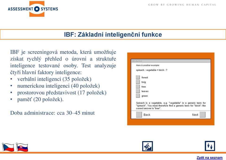 Test analyzuje čtyři hlavní faktory inteligence: verbální inteligenci (35 položek)