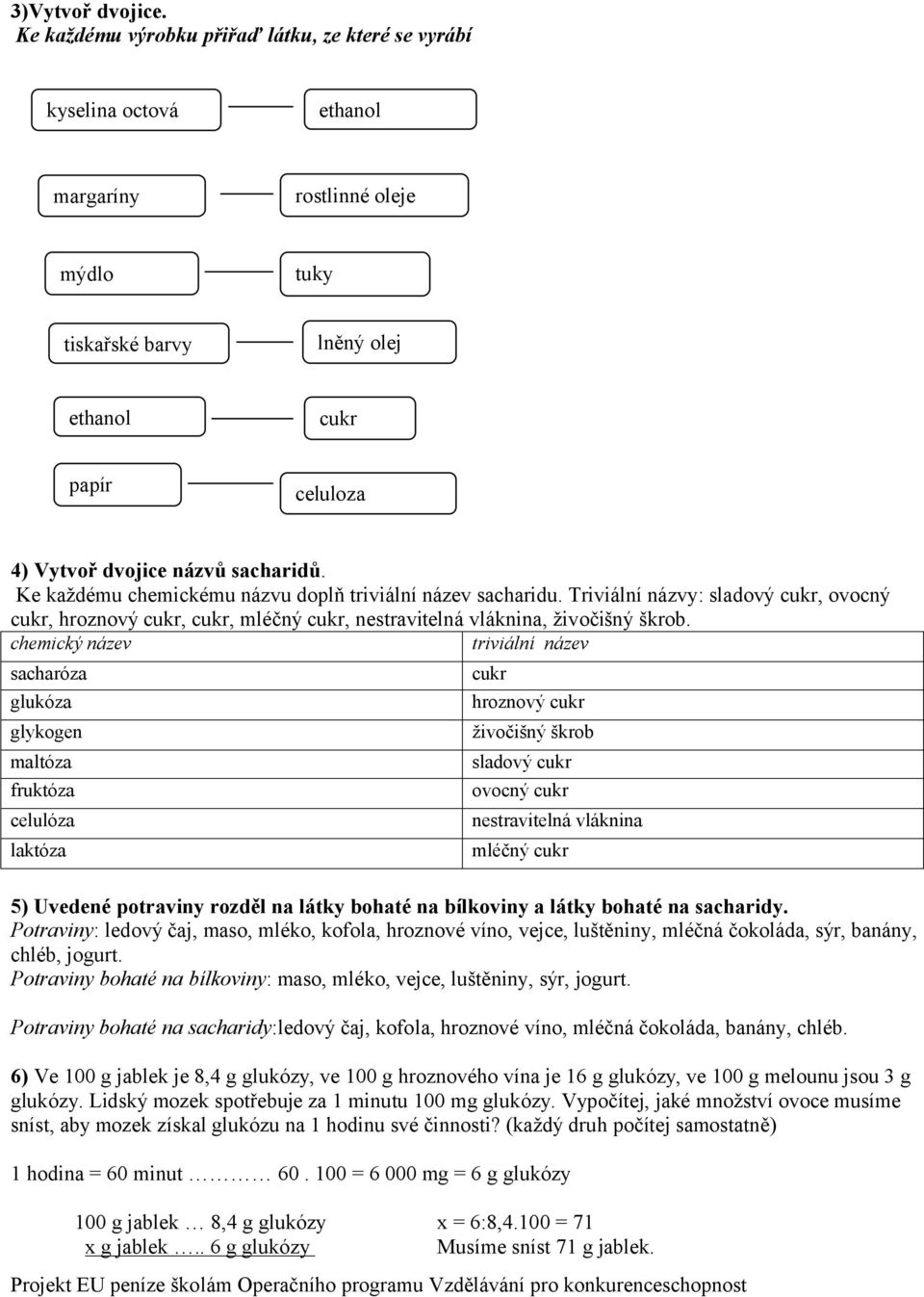 sacharidů. Ke každému chemickému názvu doplň triviální název sacharidu. Triviální názvy: sladový cukr, ovocný cukr, hroznový cukr, cukr, mléčný cukr, nestravitelná vláknina, živočišný škrob.