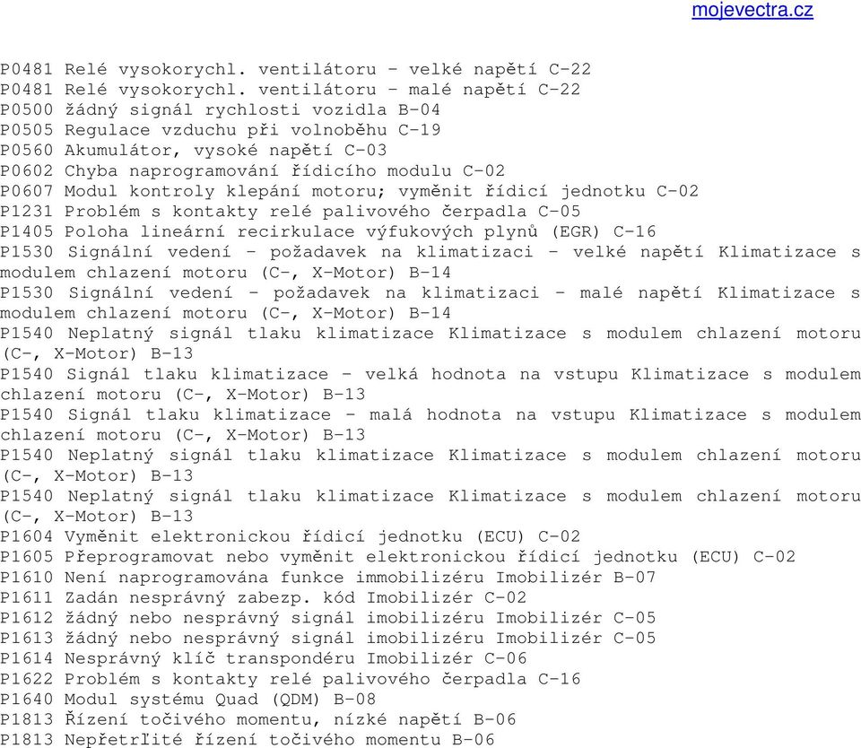 P0607 Modul kontroly klepání motoru; vyměnit řídicí jednotku C-02 P1231 Problém s kontakty relé palivového čerpadla C-05 P1405 Poloha lineární recirkulace výfukových plynů (EGR) C-16 P1530 Signální