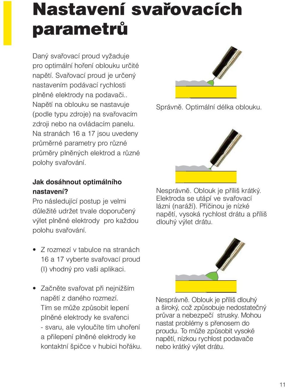 Na stranách 16 a 17 jsou uvedeny průměrné parametry pro různé průměry plněných elektrod a různé polohy svařování. Správně. Optimální délka oblouku. Jak dosáhnout optimálního nastavení?