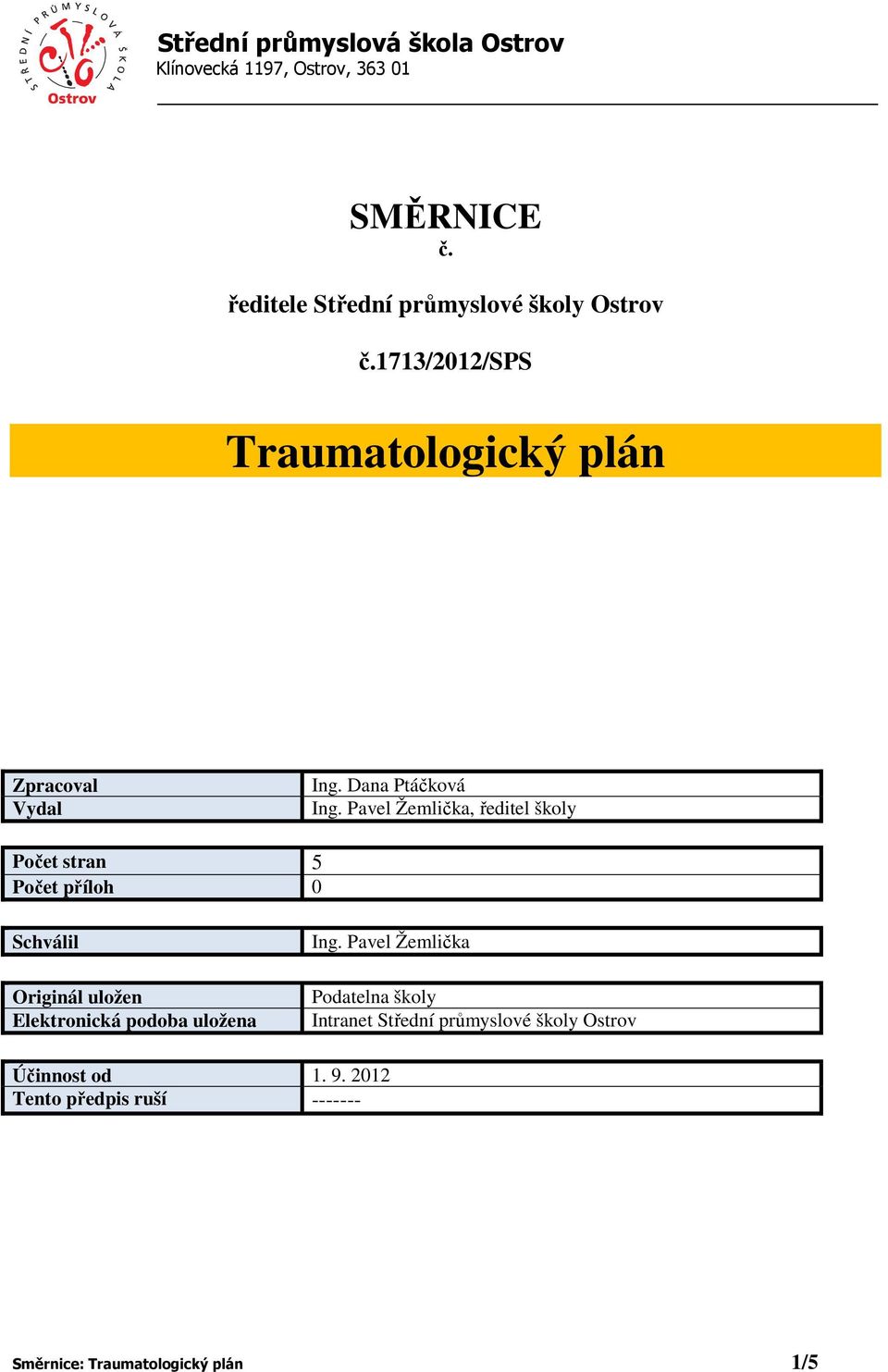 Pavel Žemlička, ředitel školy Počet stran 5 Počet příloh 0 Schválil Originál uložen Elektronická podoba uložena Ing.