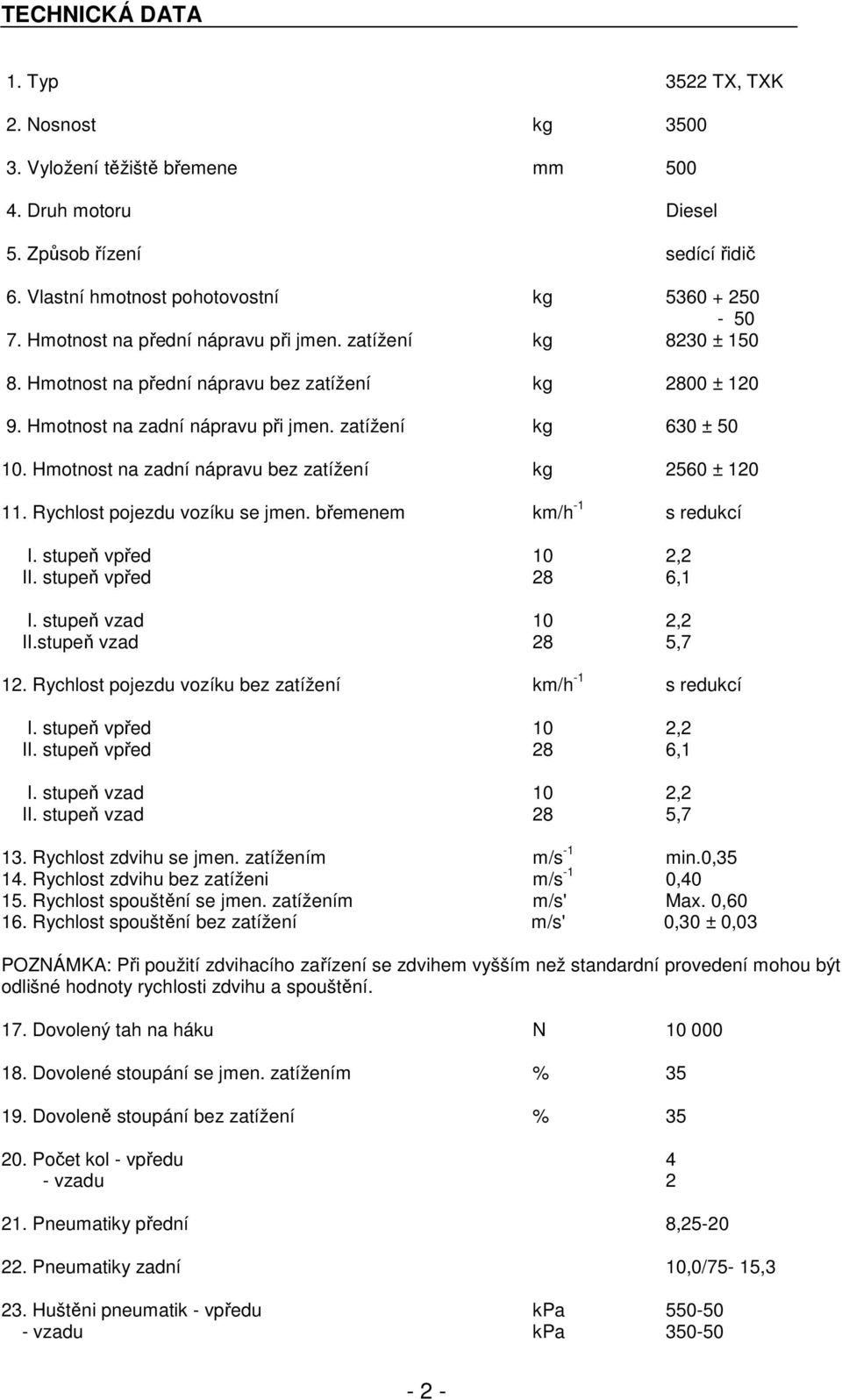 Hmotnost na zadní nápravu bez zatížení kg 2560 ± 120 11. Rychlost pojezdu vozíku se jmen. břemenem km/h -1 s redukcí I. stupeň vpřed 10 2,2 II. stupeň vpřed 28 6,1 I. stupeň vzad 10 2,2 II.