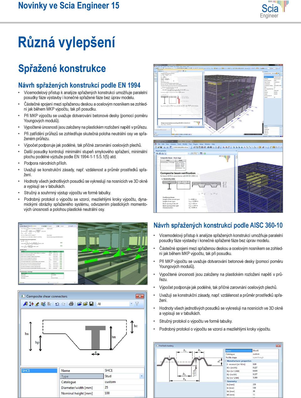 Při MKP výpočtu se uvažuje dotvarování betonové desky (pomocí poměru Youngových modulů). Vypočtené únosnosti jsou založeny na plastickém rozložení napětí v průřezu.