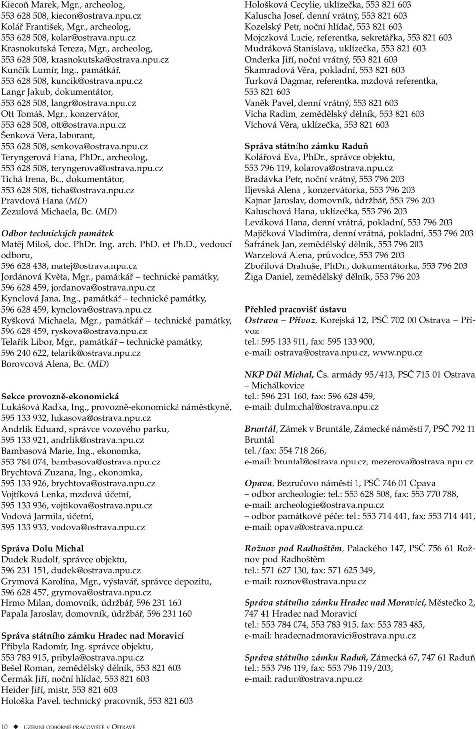, konzervátor, 553 628 508, ott@ostrava.npu.cz Šenková Věra, laborant, 553 628 508, senkova@ostrava.npu.cz Teryngerová Hana, PhDr., archeolog, 553 628 508, teryngerova@ostrava.npu.cz Tichá Irena, Bc.
