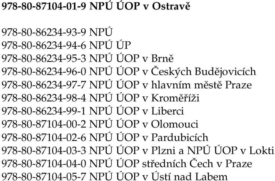 Kroměříži 978-80-86234-99-1 NPÚ ÚOP v Liberci 978-80-87104-00-2 NPÚ ÚOP v Olomouci 978-80-87104-02-6 NPÚ ÚOP v Pardubicích