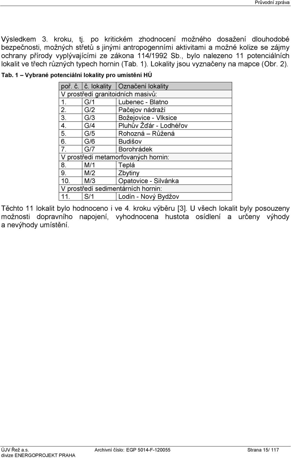 , bylo nalezeno 11 potenciálních lokalit ve třech různých typech hornin (Tab. 1). Lokality jsou vyznačeny na mapce (Obr. 2). Tab. 1 Vybrané potenciální lokality pro umístění HÚ poř. č.