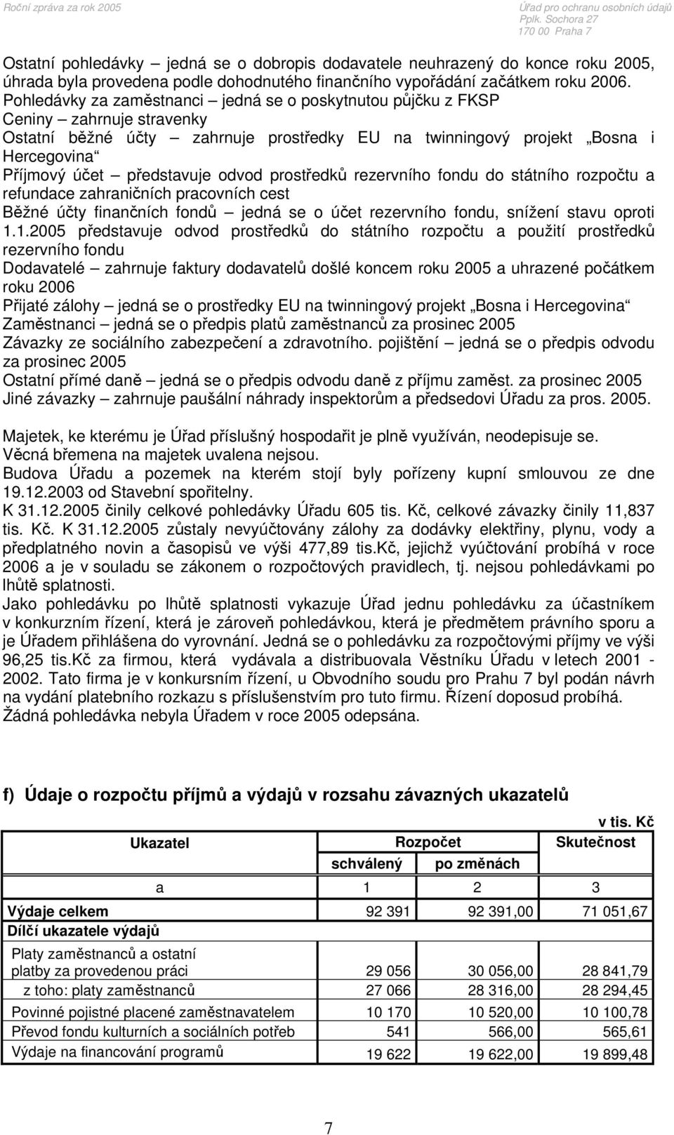 Pohledávky za zaměstnanci jedná se o poskytnutou půjčku z FKSP Ceniny zahrnuje stravenky Ostatní běžné účty zahrnuje prostředky EU na twinningový projekt Bosna i Hercegovina Příjmový účet představuje
