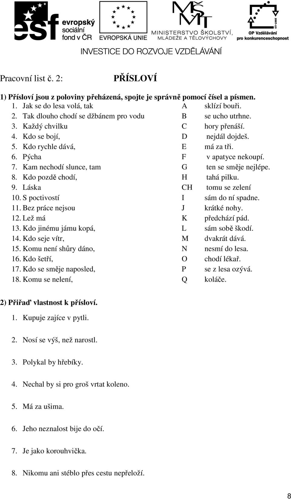 Kdo pozdě chodí, H tahá pilku. 9. Láska CH tomu se zelení 10. S poctivostí I sám do ní spadne. 11. Bez práce nejsou J krátké nohy. 12. Lež má K předchází pád. 13.